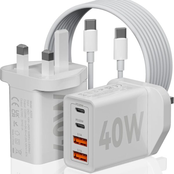 USB C Fast Charger - 40W Dual USB C Wall Charger - 4 Port 20W USB C Power Adapter with Dual PD USBC Charger with C to C Fast Charging Cable Compatible iPhone,Mac Book Air,Laptop