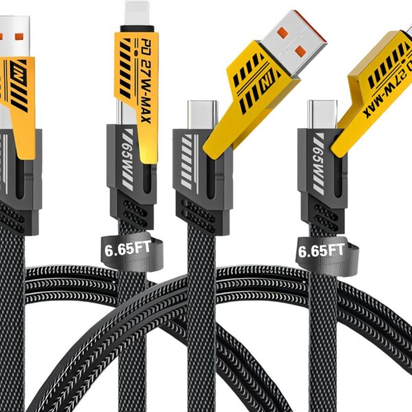 2Pack 4 in 1 Fast Charging Cable, Transferring Data, 6.65 Ft, Braided Cable 65W, USB C USB A and IP, Multiple Charging Cable for Phone/Pad/More