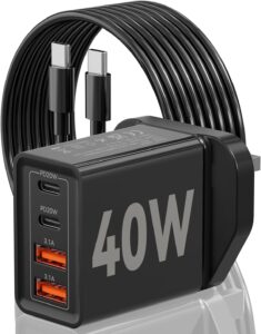 USB C Fast Charger - 40W Dual USB-C Phone Charger, 4-Port 20W Power Adapter with QC3.0 Plug, Dual PD USBC Charger & C to C Fast Charging Cable Compatible with iPhone, Mac Book Air, Laptop