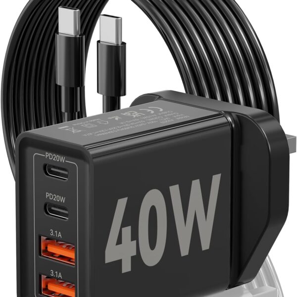 USB C Fast Charger - 40W Dual USB-C Phone Charger, 4-Port 20W Power Adapter with QC3.0 Plug, Dual PD USBC Charger & C to C Fast Charging Cable Compatible with iPhone, Mac Book Air, Laptop